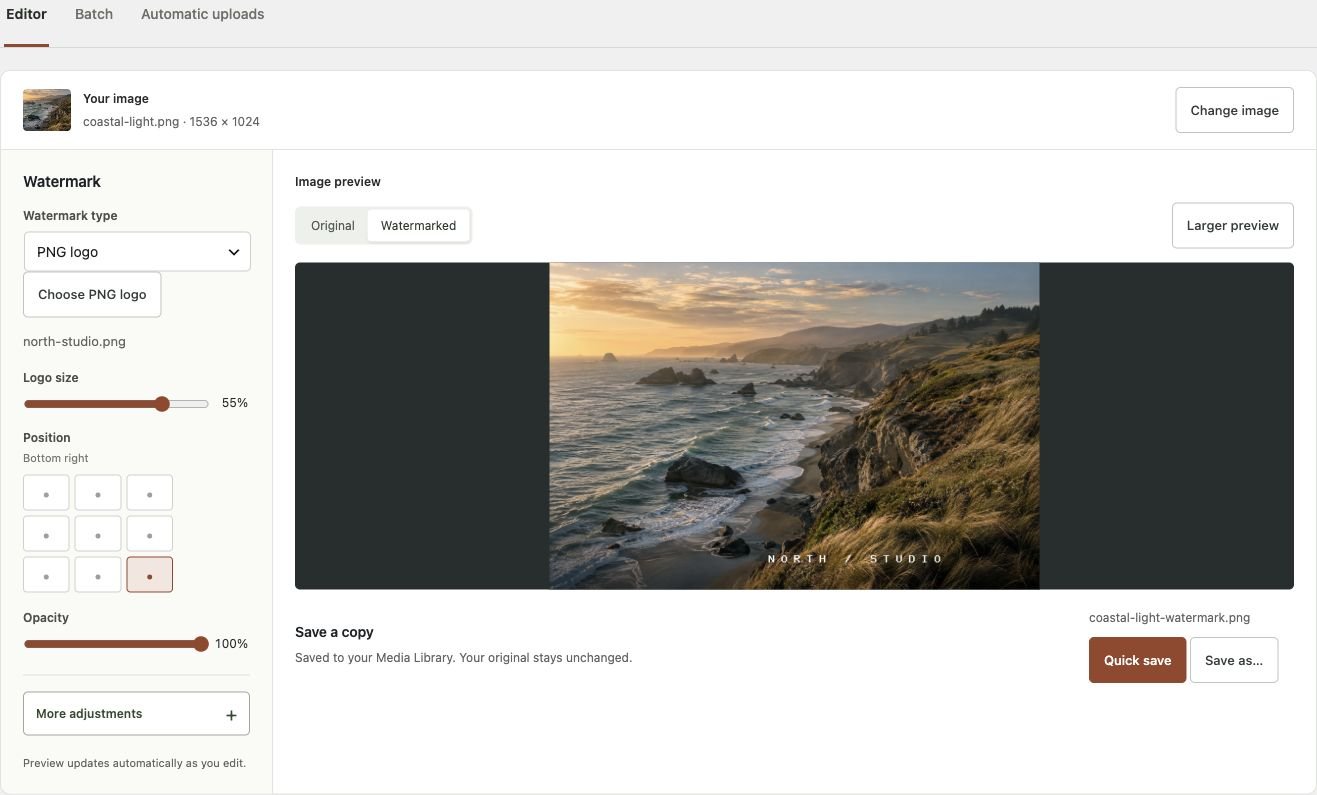 Watermark controls and image preview in the WordPress editor.