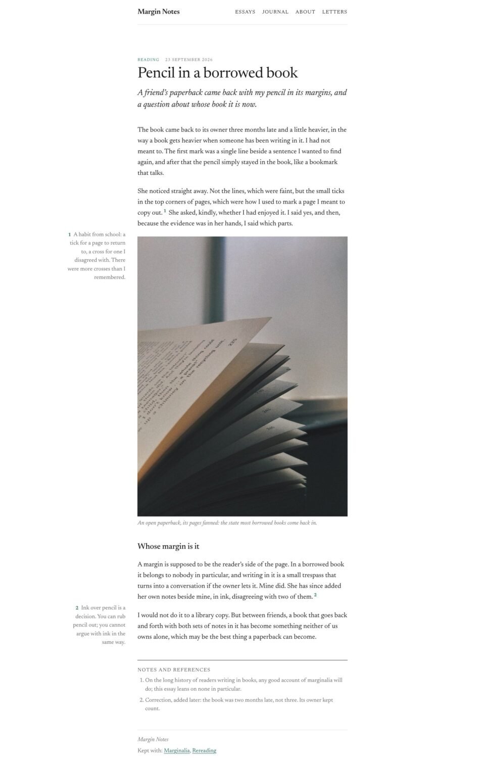 Margin Notes, Essay with sidenotes page
