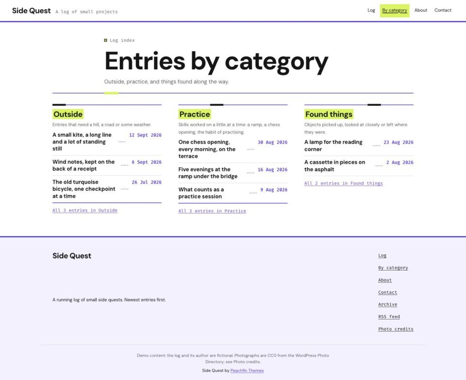 Side Quest, Entries by category page