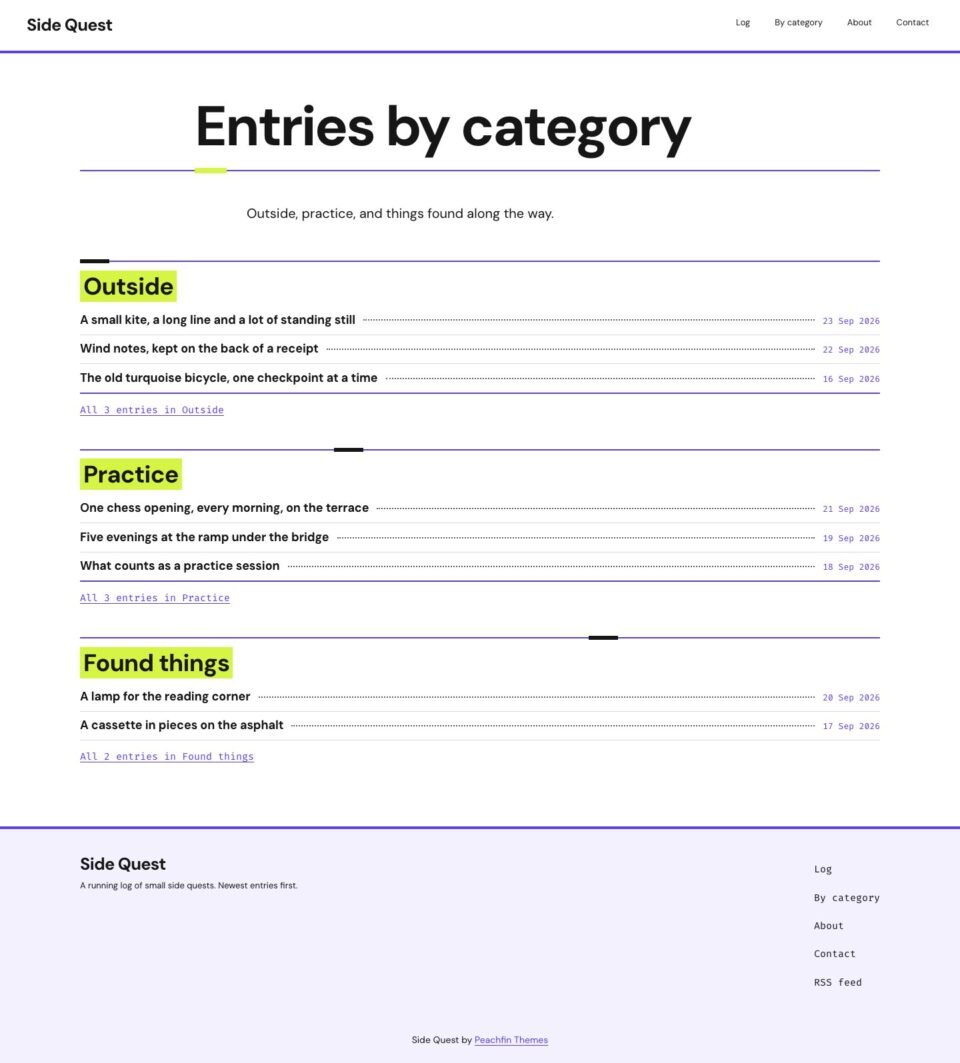Side Quest, Entries by category page