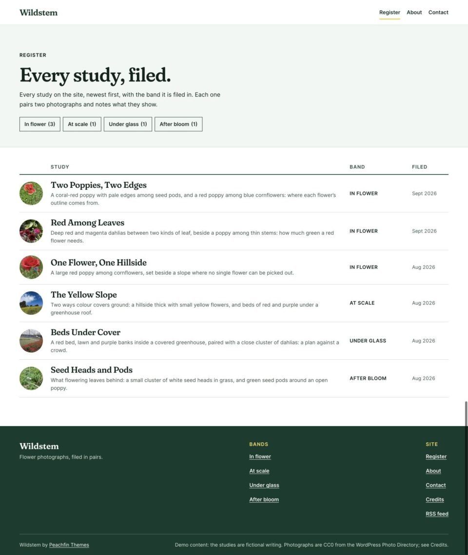 Wildstem, Study register page