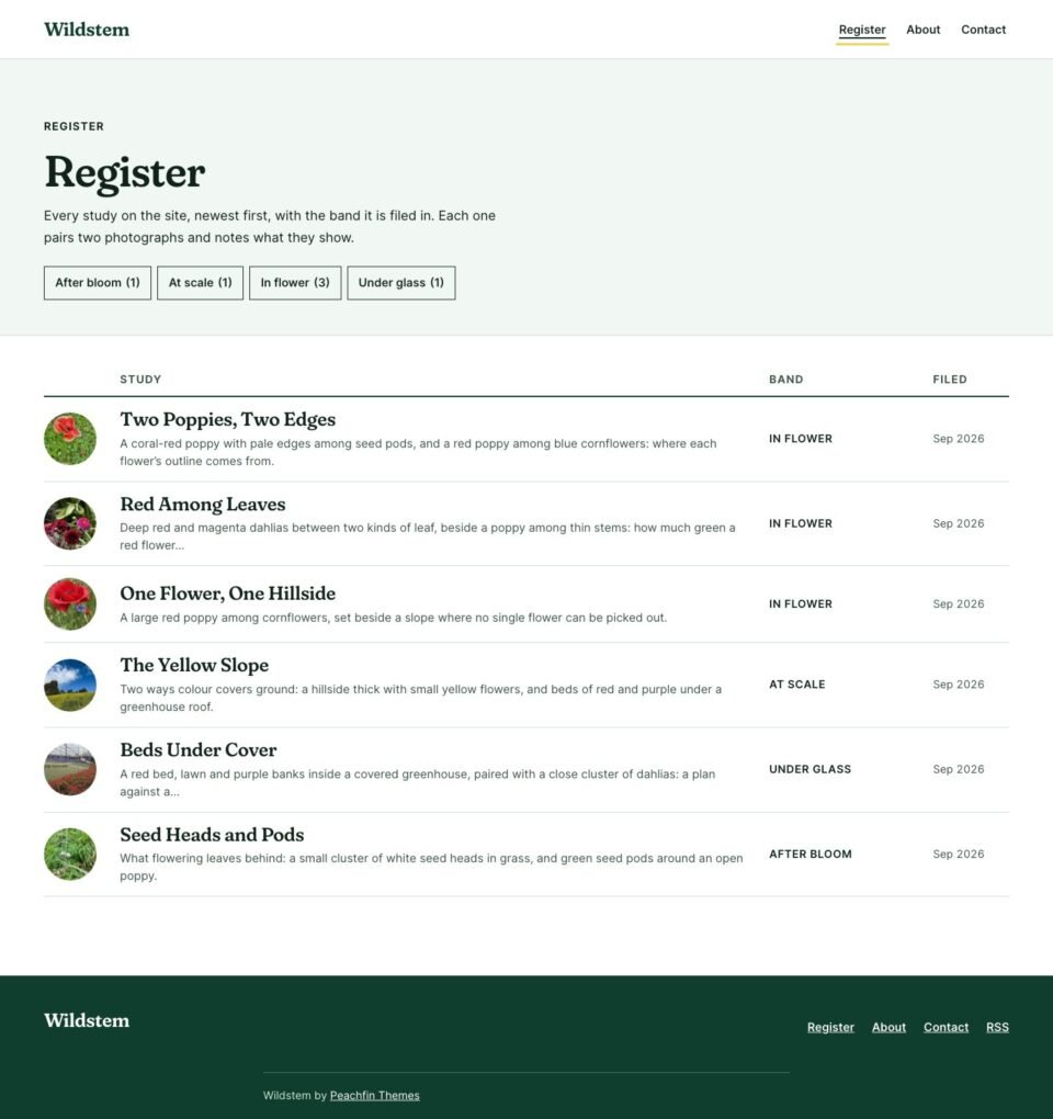Wildstem, Study register page