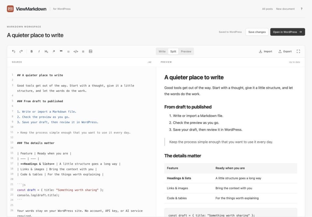 ViewMarkdown focus mode with the WordPress sidebar hidden.