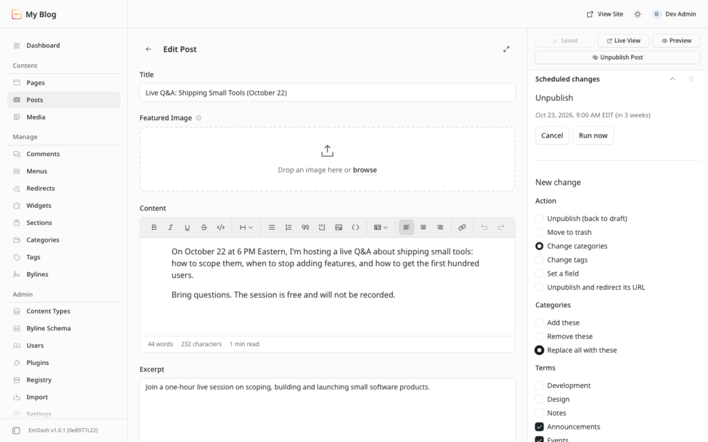 Auto Unpublish Posts panel in the EmDash post editor, set to change a post’s categories on a date