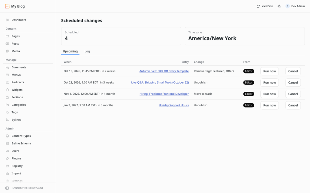 Scheduled changes page listing four upcoming changes, each with Run now and Cancel