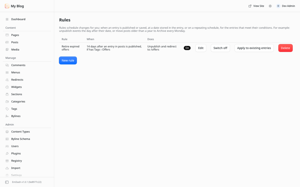 Rules page with a rule that unpublishes offers 14 days after they are published and redirects them