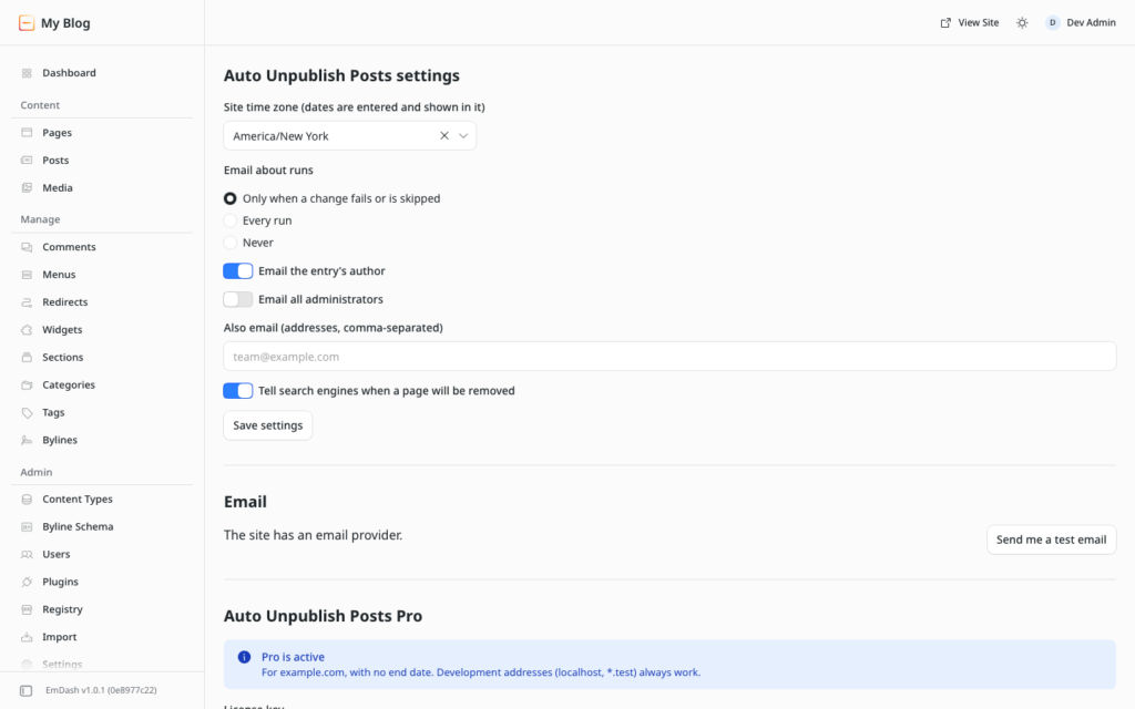 Auto Unpublish Posts settings with time zone, email options and the Pro license section