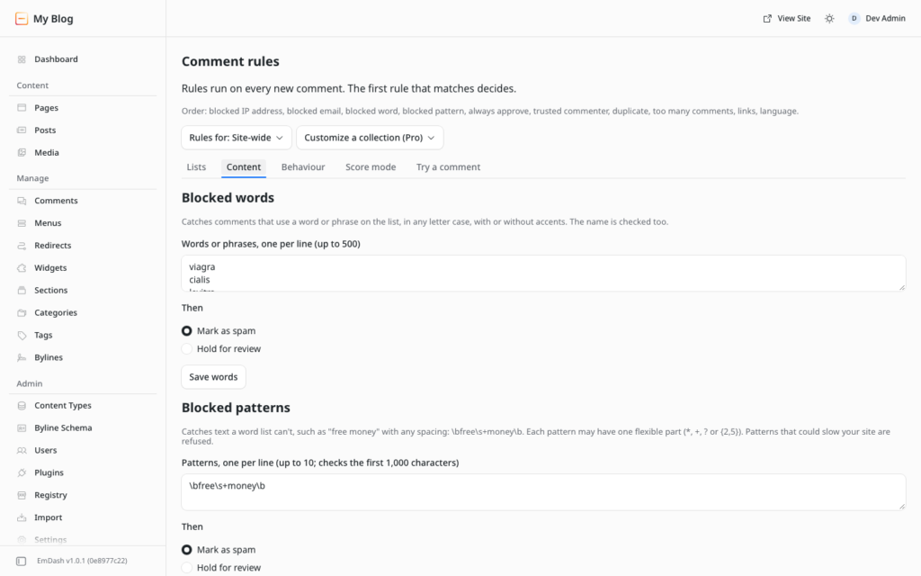 Comment rules: blocked words and blocked patterns, each with what happens when it matches