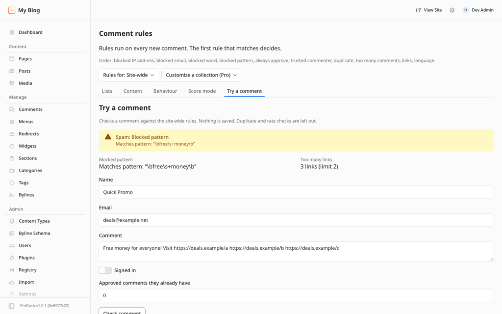 Try a comment: a typed comment marked as spam by a blocked pattern