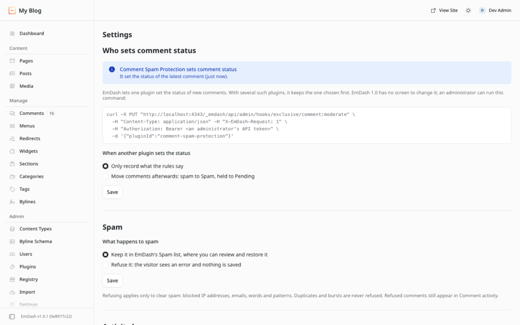 Settings: which plugin sets comment status, and what happens to spam