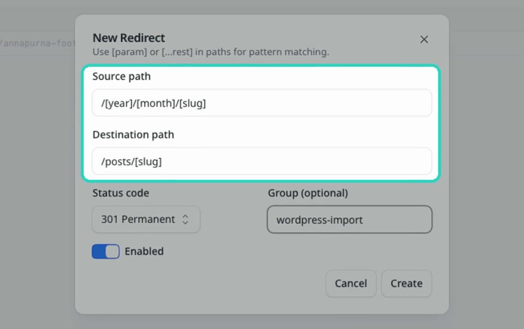 EmDash New Redirect dialog: source path /[year]/[month]/[slug], destination /posts/[slug], status 301 Permanent