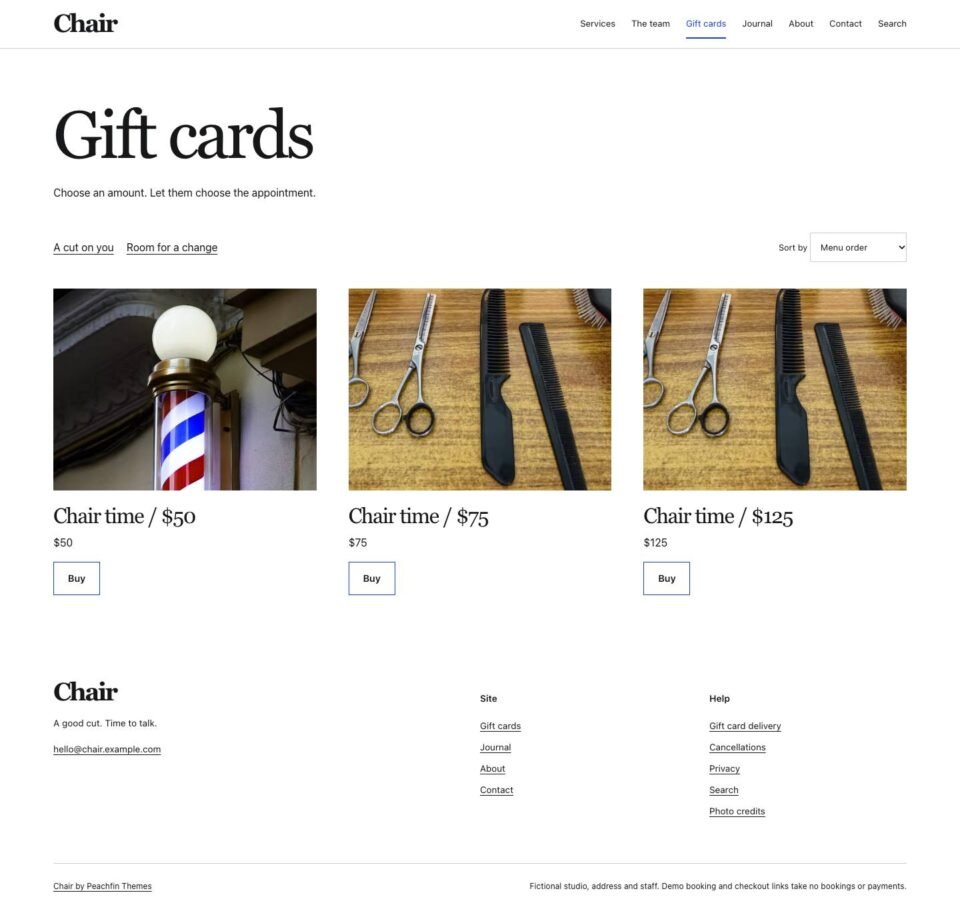 Chair, Gift cards page