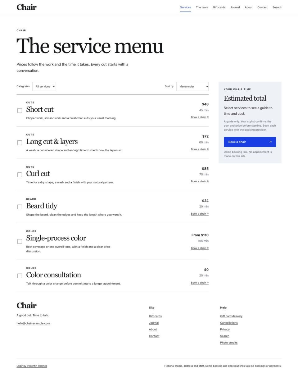 Chair, Service menu page