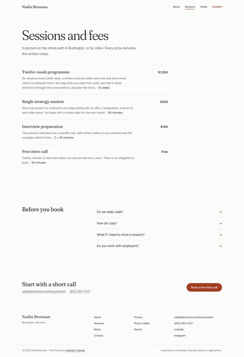 First Person, Sessions and fees page