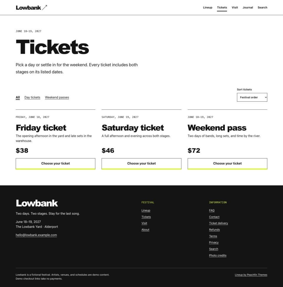 Lineup, Tickets page