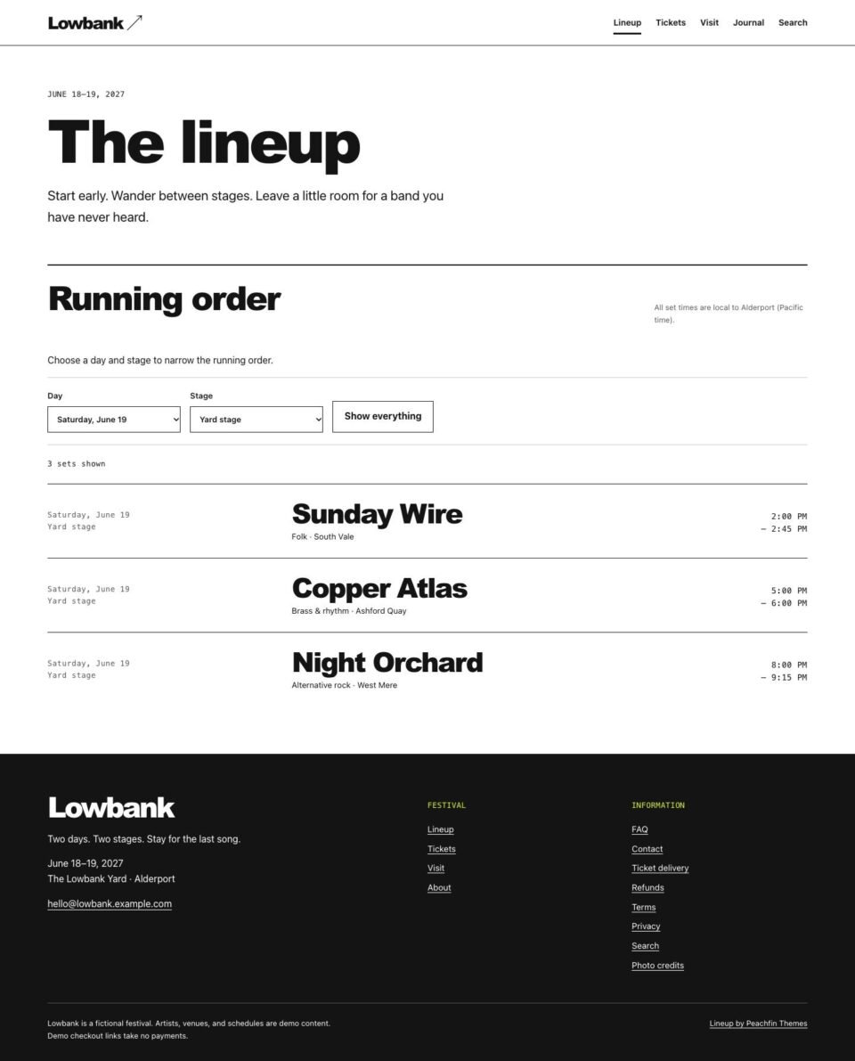 Lineup, Running order page