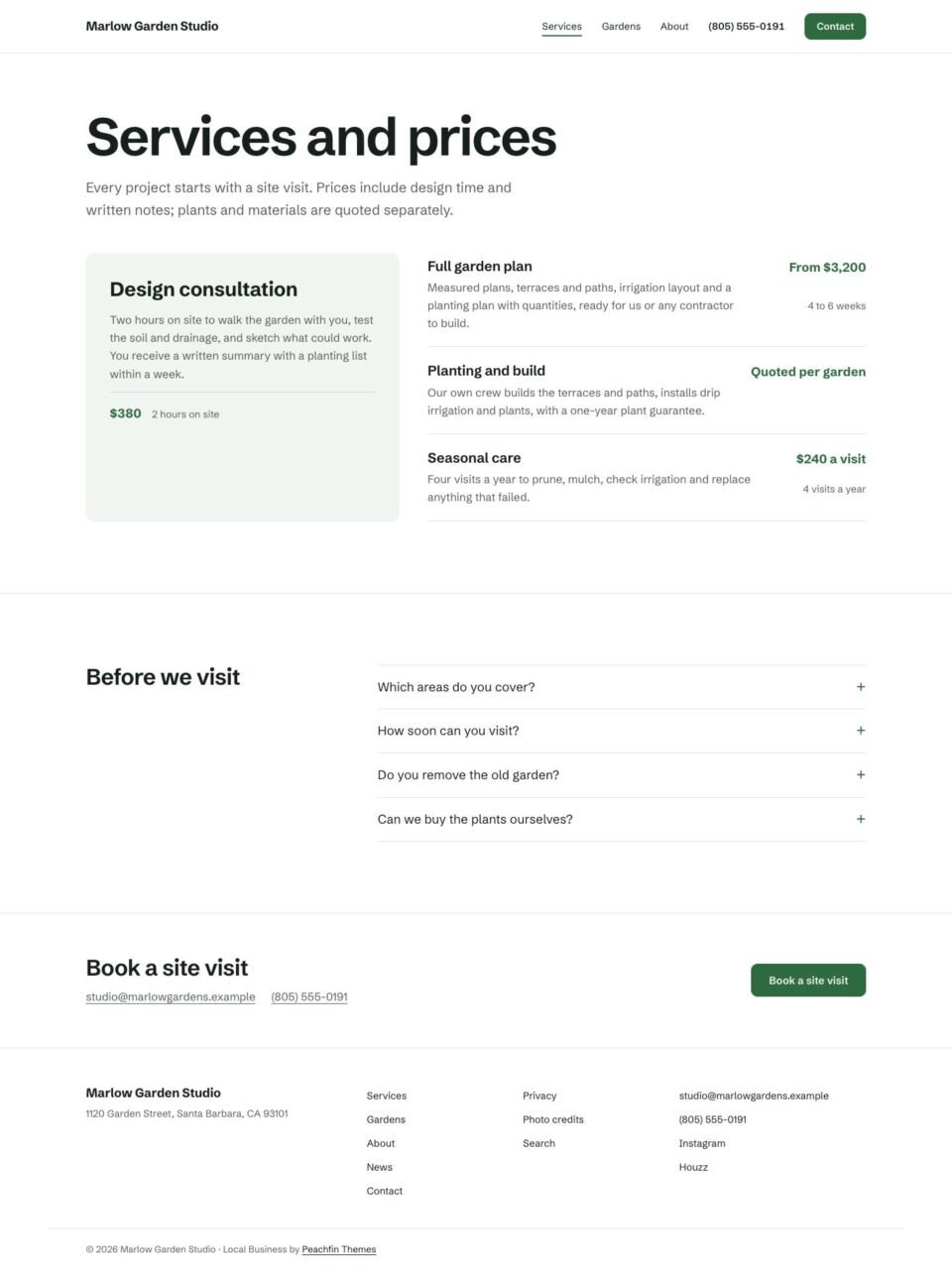 Local Business, Services and prices page