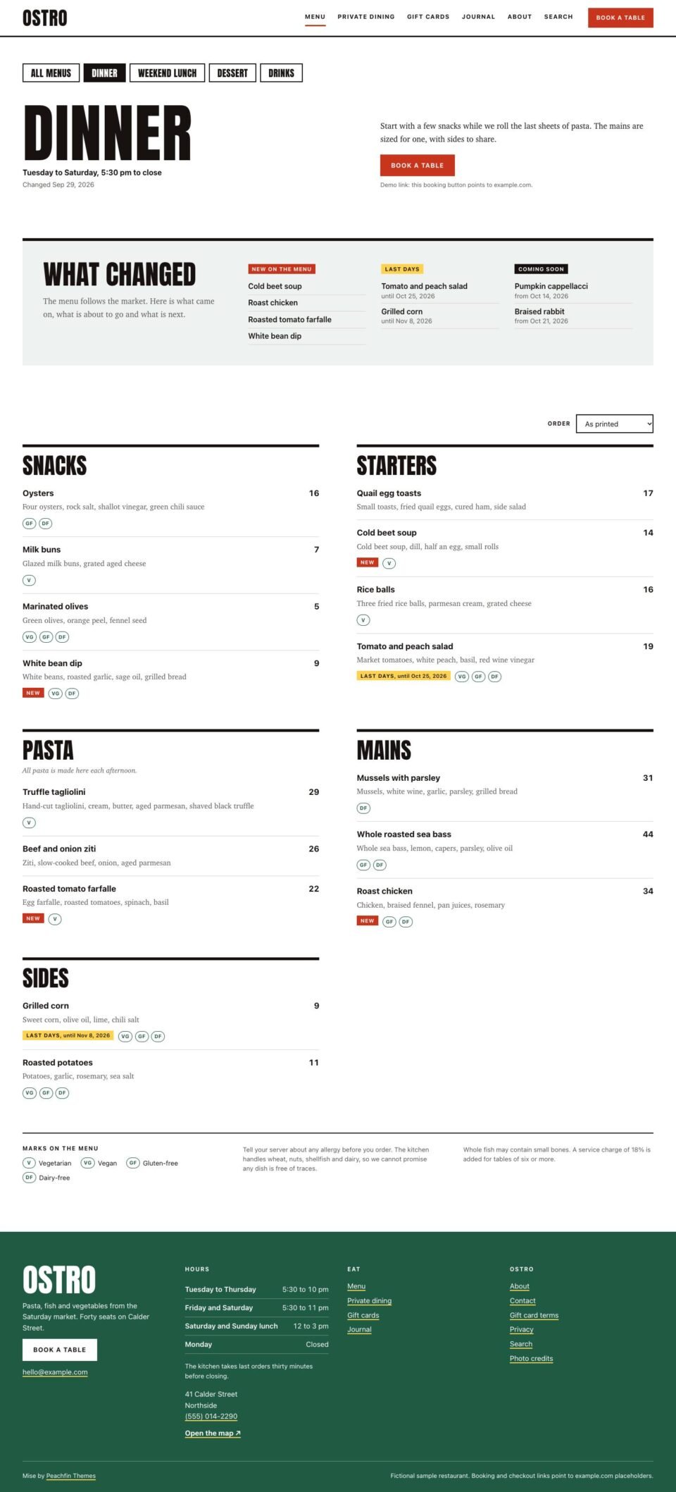 Mise, Dinner menu page