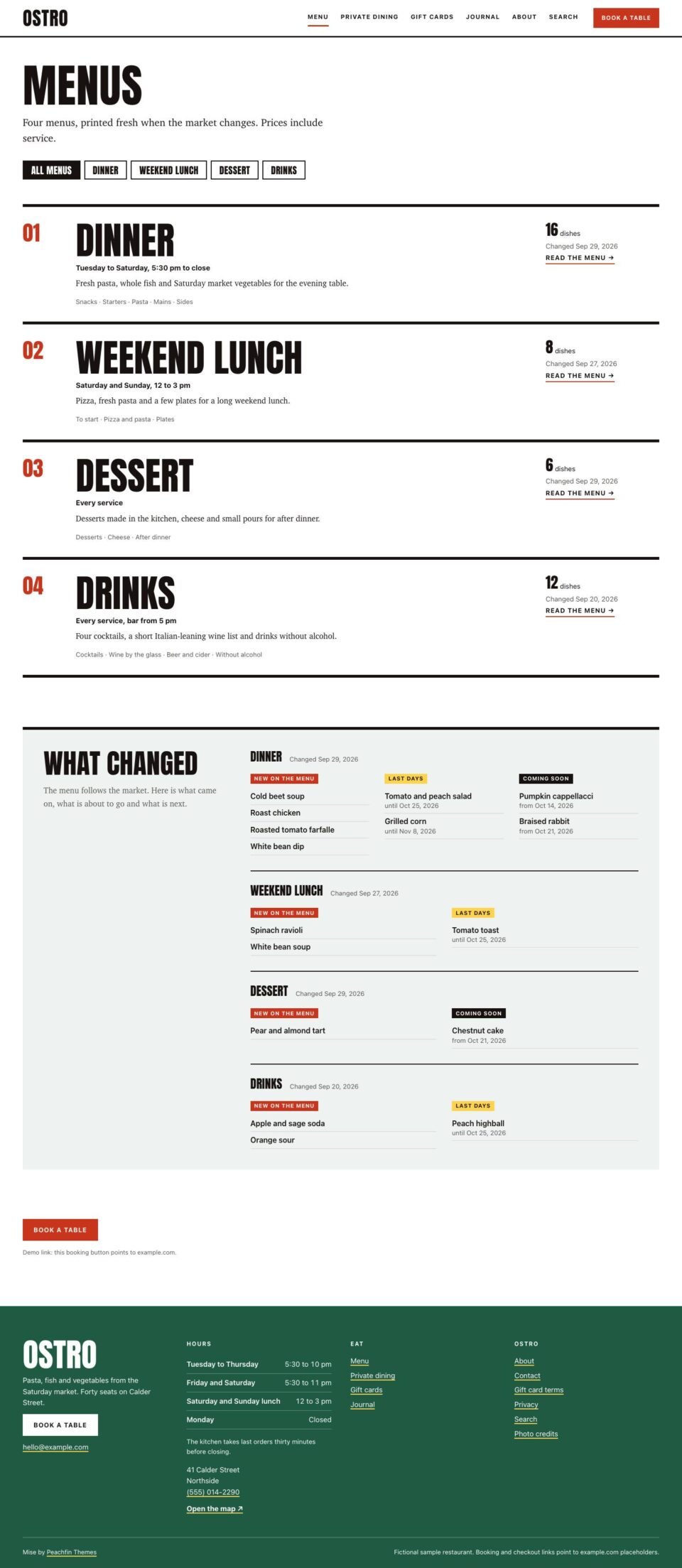 Mise, Menu changes page