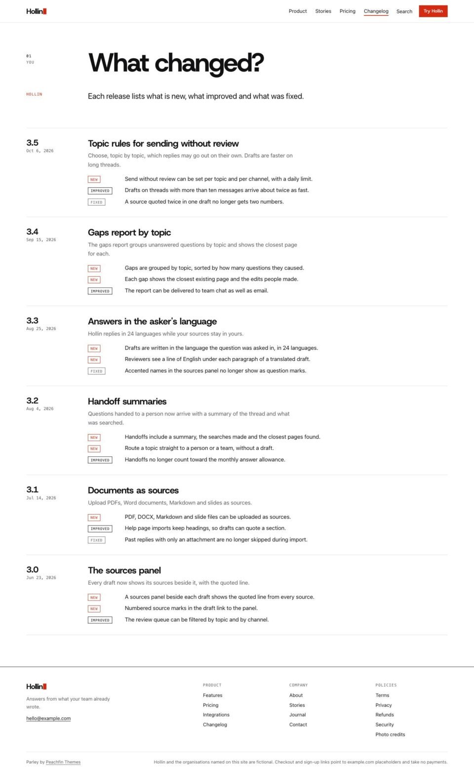 Parley, Changelog page