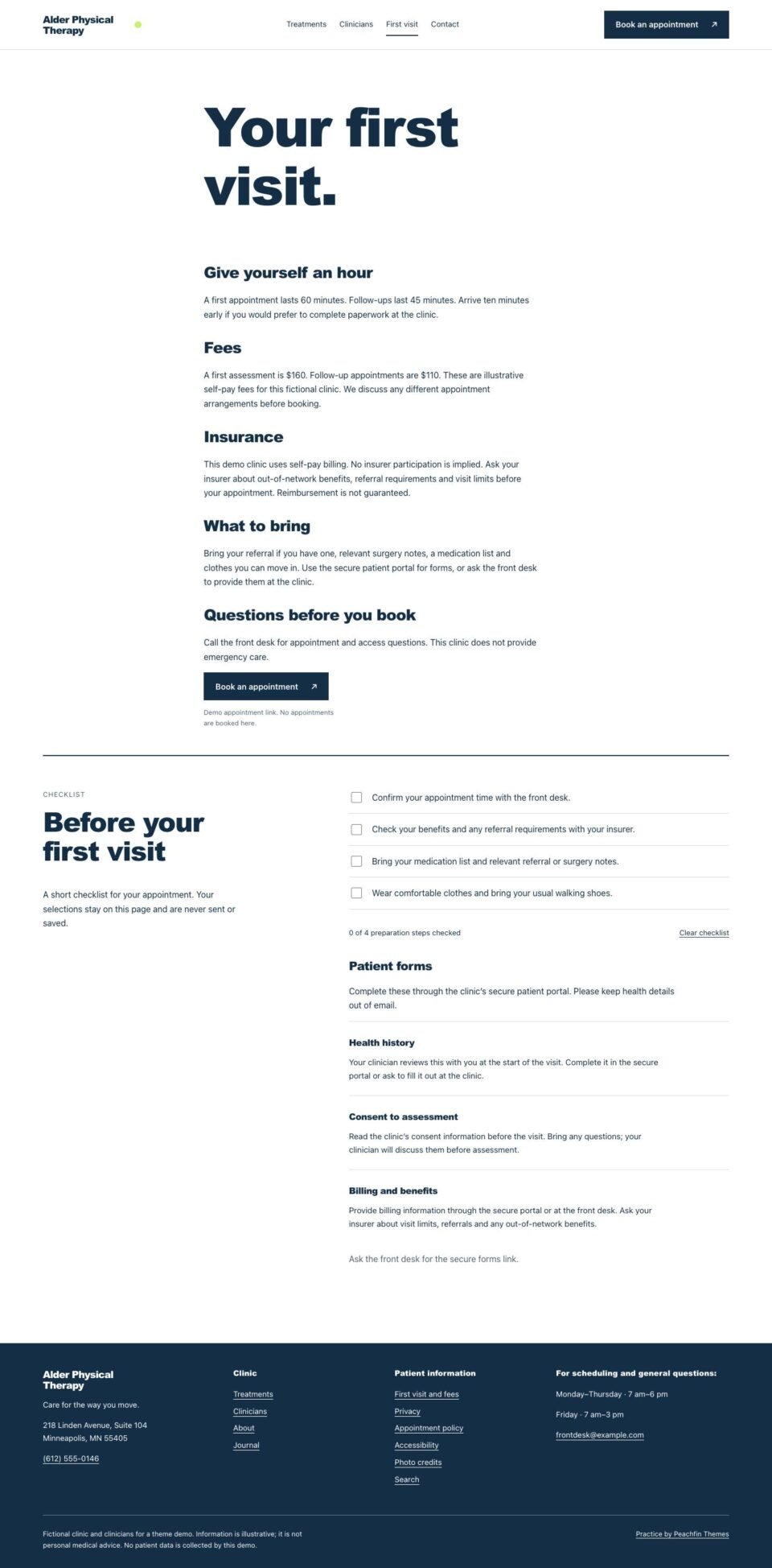 Practice, First-visit checklist page