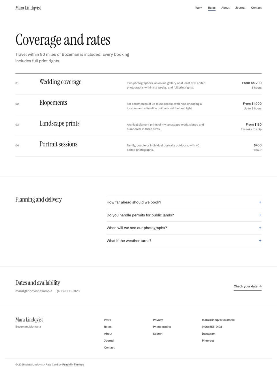 Rate Card, Coverage and rates page