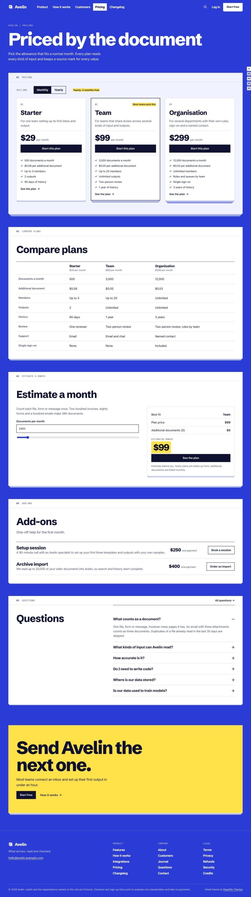 Sheaf, Pricing page