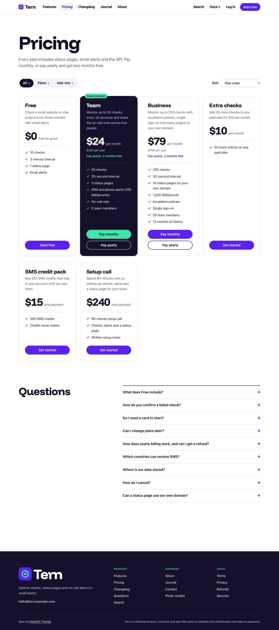 Spec, Pricing page