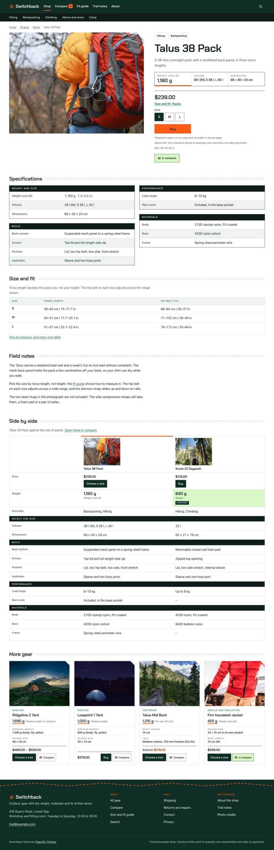 Switchback, Product page