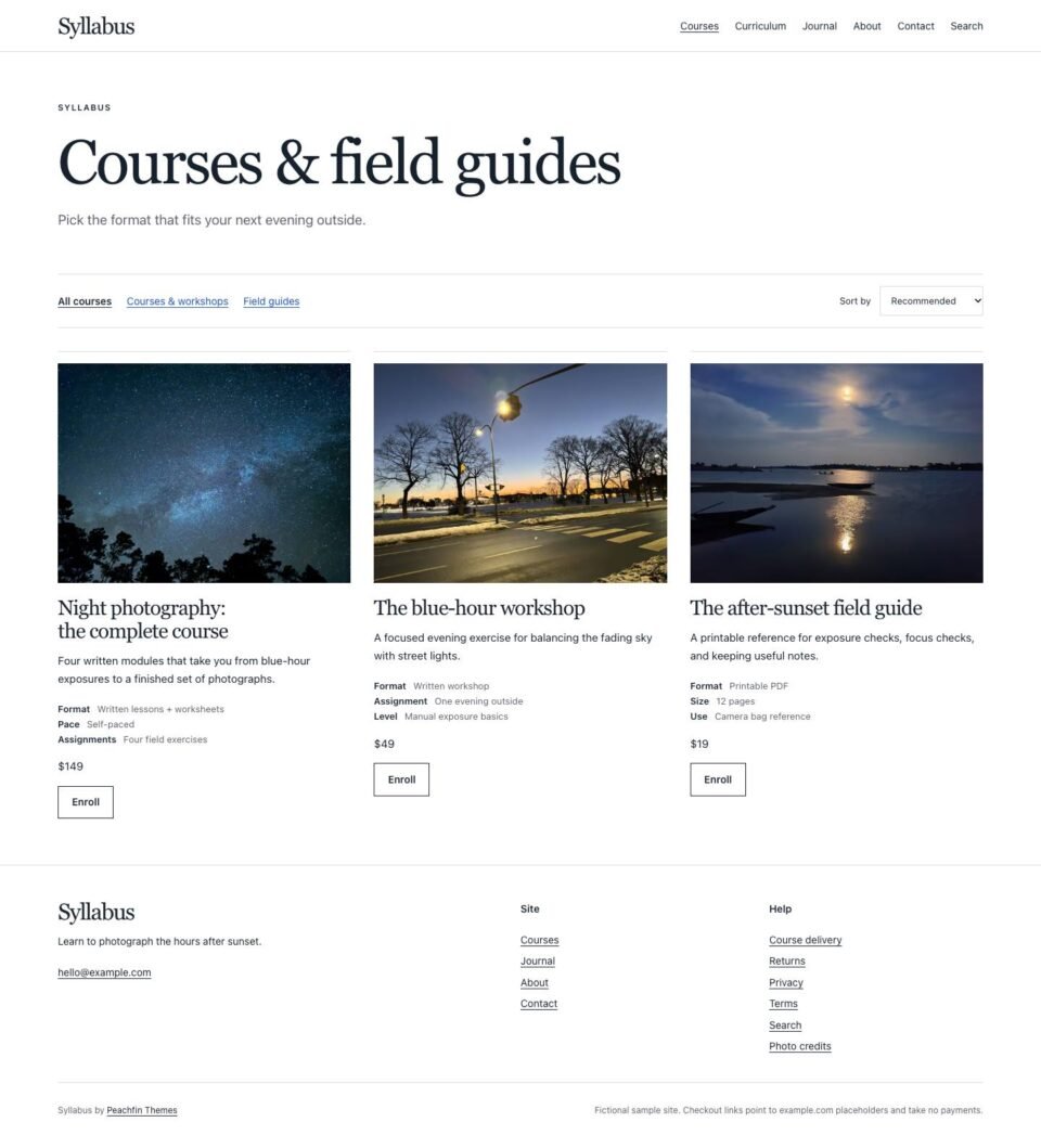 Syllabus, Courses page