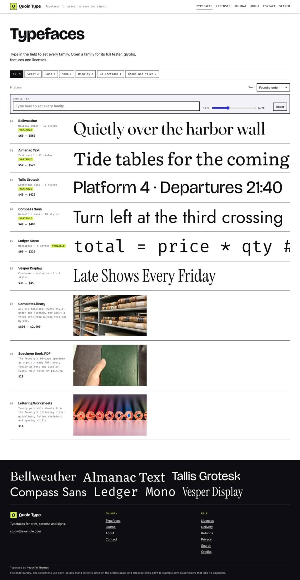 Typecase, Typefaces page