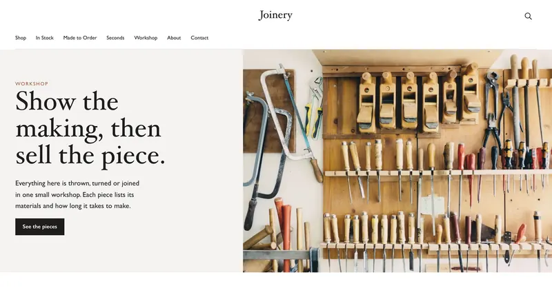 Joinery store theme with a cover photograph and product stories.