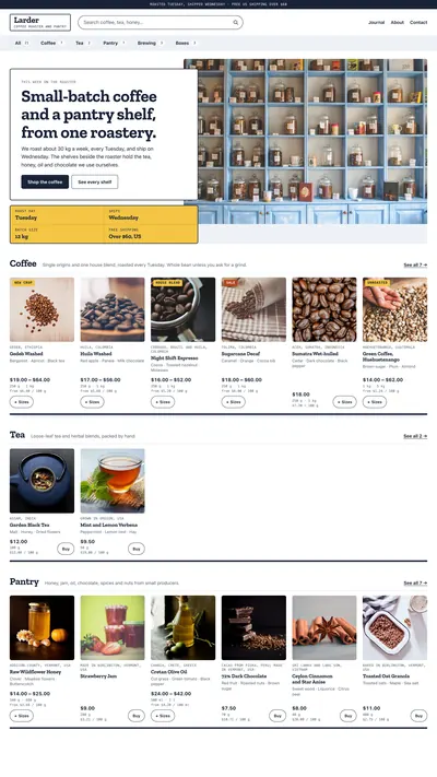 Larder store theme with category shelves for food and drink.
