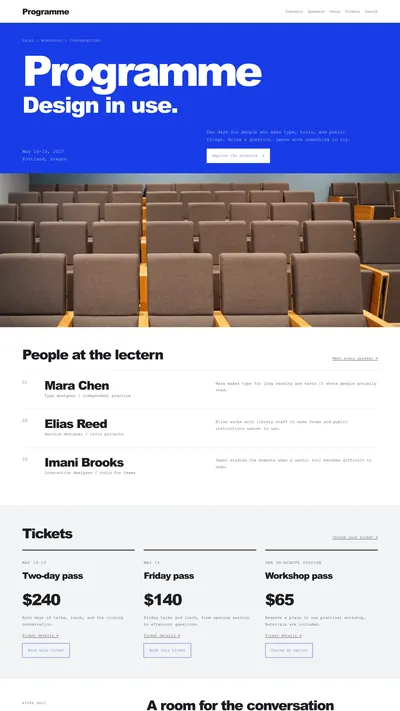 Programme conference theme with a white-and-cobalt poster layout.