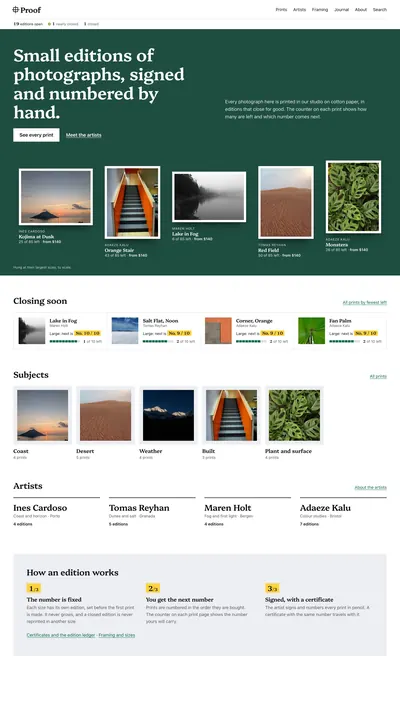 Proof art and photography store theme with scaled wall displays.