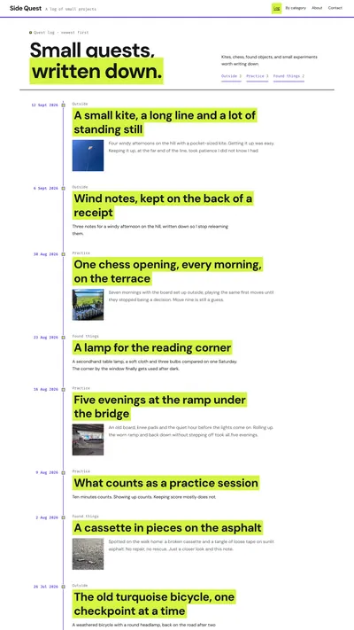 Side Quest journal theme with a violet timeline and lime highlights.