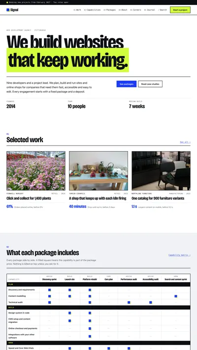 Signal agency theme with a capability matrix and service packages.