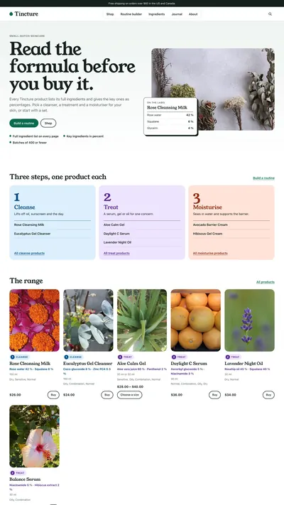 Tincture skincare store theme with ingredient details and a routine builder.
