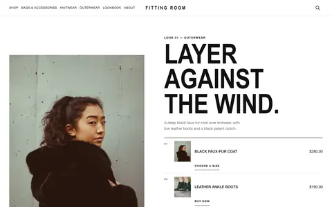 The Fitting Room home page shows sample clothing in portrait lookbook spreads with numbered product keys.