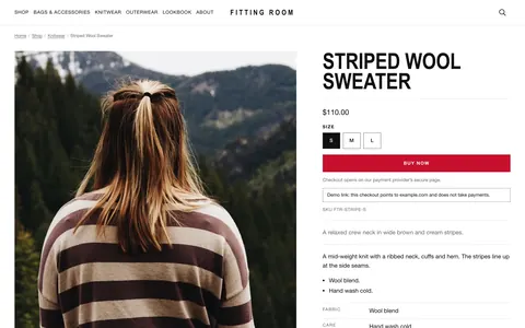 The Fitting Room product page shows a sample garment with size choices and a purchase button.