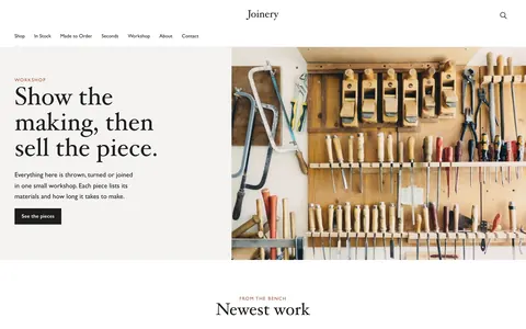 The Joinery home page shows workshop photographs and sample furniture and ceramics.