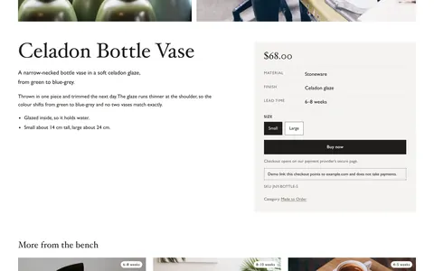 The Joinery product page shows a ceramic vase, size choices and a Buy now button.