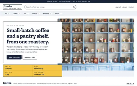 The Larder home page shows category shelves of sample coffee and pantry products.