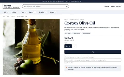 The Larder product page shows a label panel with origin, tasting notes and size choices.