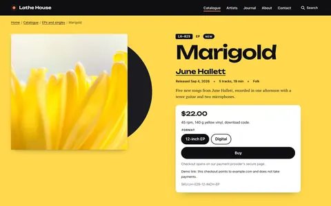 The Pressing release page shows a record sleeve, format choices, tracklist and credits.