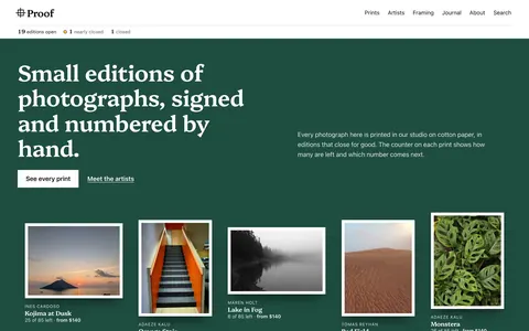 The Proof home page shows sample prints hanging at relative sizes on a painted wall.