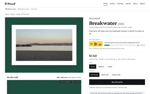 The Proof product page shows a print with frame and size choices, a wall display and edition details.