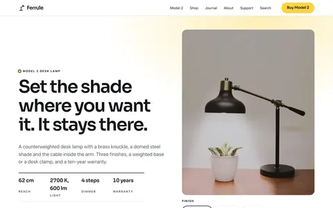 The Solo home page shows numbered product chapters and a sample desk lamp with finish choices.