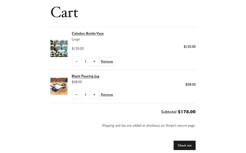 The Joinery cart shows two ceramics items, quantity controls, a $178.00 subtotal and a Check out button.