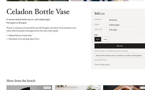 The Joinery product page for the Celadon Bottle Vase shows Small and Large sizes, a $68.00 price and a Buy now button.